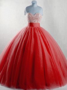 Red Sweetheart Lace Up Beading Quinceanera Dresses Sleeveless