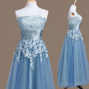 Sleeveless Tea Length Appliques Lace Up Quinceanera Dama Dress with Blue