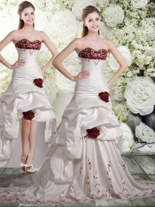 Sweetheart Sleeveless Taffeta and Chiffon Wedding Dresses Embroidery and Ruffles and Hand Made Flower Brush Train Backle