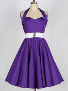 Purple Sleeveless Knee Length Ruching Zipper Quinceanera Dama Dress