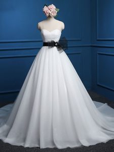 High Class Sleeveless Tulle Court Train Lace Up Bridal Gown in White with Ruching and Bowknot