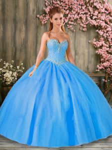 Dramatic Baby Blue Ball Gowns Beading Sweet 16 Dress Lace Up Tulle Sleeveless Floor Length