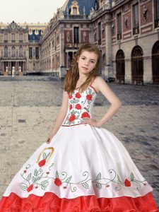 Straps Sleeveless Lace Up Pageant Gowns For Girls White And Red Organza and Taffeta