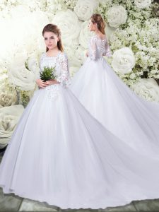 Eye-catching Lace Up Wedding Dresses White for Beach and Wedding Party with Lace and Appliques Chapel Train