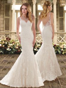 Sleeveless Brush Train Clasp Handle Lace Wedding Gowns