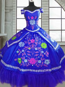 Glorious Off The Shoulder Short Sleeves Lace Up Quince Ball Gowns Blue Taffeta
