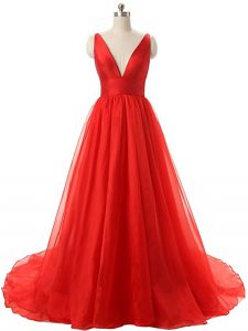 Pretty Red Backless Prom Party Dress Ruching Sleeveless Brush Train