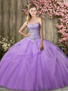 Flirting Sleeveless Tulle Brush Train Lace Up Vestidos de Quinceanera in Lavender with Beading and Pick Ups