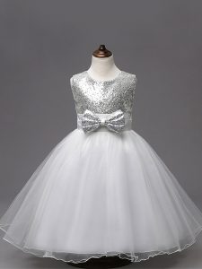 Tulle Sleeveless Tea Length Pageant Gowns For Girls and Sequins and Bowknot