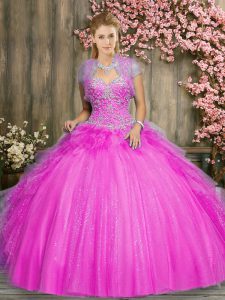 New Style Fuchsia Lace Up Sweet 16 Quinceanera Dress Beading Sleeveless Floor Length
