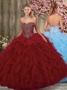 Smart Burgundy Lace Up 15th Birthday Dress Beading and Ruffles Sleeveless Floor Length