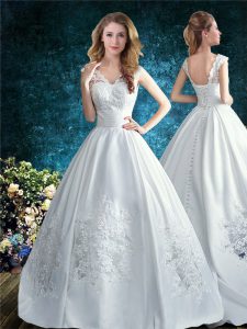 Ball Gowns Sleeveless White Wedding Gowns Brush Train Lace Up