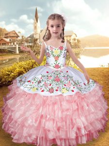 Excellent Floor Length Baby Pink Girls Pageant Dresses Straps Sleeveless Lace Up