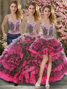 Elegant Pink And Black Sweetheart Lace Up Beading and Ruffles Vestidos de Quinceanera Sleeveless