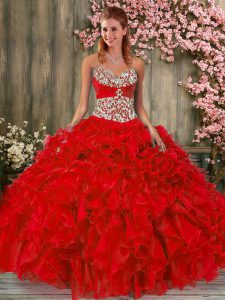 High End Red Sweetheart Neckline Beading and Ruffles Quinceanera Dresses Sleeveless Lace Up