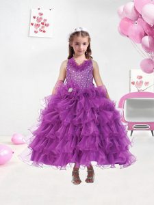 Custom Fit Beading and Ruffled Layers Girls Pageant Dresses Purple Zipper Sleeveless Tea Length