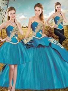 Custom Designed Teal Taffeta and Tulle Lace Up Sweetheart Sleeveless Ball Gown Prom Dress Court Train Beading and Embroi