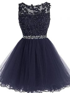Navy Blue Sleeveless Mini Length Beading and Lace and Appliques and Ruffles Zipper Party Dress Wholesale