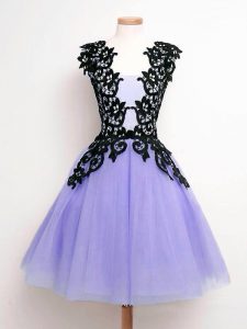 Romantic Lavender Sleeveless Knee Length Lace Lace Up Court Dresses for Sweet 16