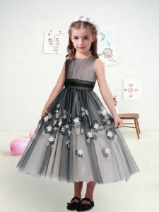 Tea Length Zipper Flower Girl Dresses for Less Grey for Military Ball and Sweet 16 and Quinceanera with Appliques and Be