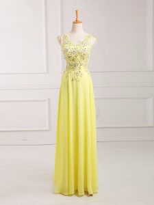 Pretty Sleeveless Lace and Appliques Zipper Prom Dresses with Yellow