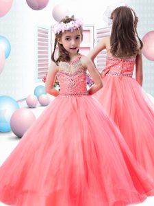 Great Floor Length Watermelon Red Little Girl Pageant Gowns Tulle Sleeveless Beading