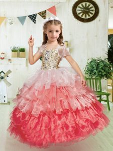 Custom Made Multi-color Sleeveless Floor Length Beading and Ruffled Layers Lace Up Little Girls Pageant Dress