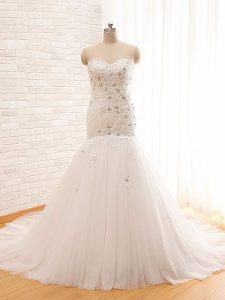 Deluxe Mermaid Sleeveless White Wedding Dress Brush Train Lace Up