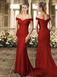 Lovely Chiffon and Lace Off The Shoulder Cap Sleeves Sweep Train Zipper Appliques and Embroidery Wedding Dress in Wine R