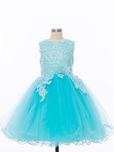 Dramatic Baby Blue Scoop Neckline Appliques and Hand Made Flower Kids Formal Wear Sleeveless Zipper