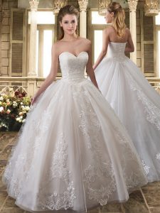 Edgy White A-line Lace and Appliques Wedding Dress Zipper Tulle Sleeveless