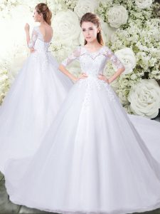 Glamorous Tulle Half Sleeves Wedding Gown Chapel Train and Beading and Appliques
