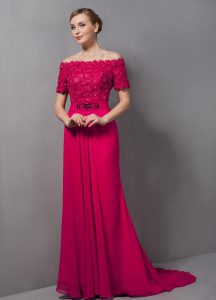 Fitting Sweep Train Empire Mother of Bride Dresses Hot Pink Off The Shoulder Chiffon Short Sleeves Zipper