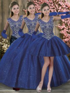 Artistic Floor Length Zipper Quinceanera Gowns Royal Blue for Military Ball and Sweet 16 and Quinceanera with Beading
