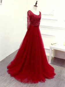 Wine Red Scoop Neckline Beading and Lace and Belt Homecoming Dress Long Sleeves Zipper