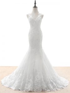 Tulle Sleeveless Bridal Gown Brush Train and Beading and Lace and Appliques