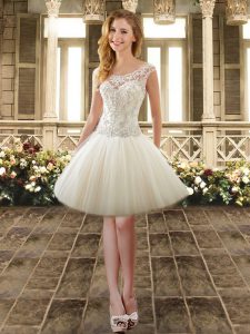 White A-line Organza Scoop Cap Sleeves Beading and Lace Knee Length Lace Up Damas Dress