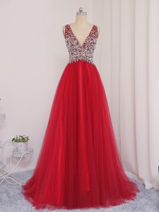 Red Sleeveless Brush Train Beading Dress for Prom