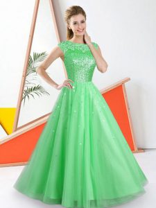 Simple Green Sleeveless Beading and Lace Floor Length Dama Dress