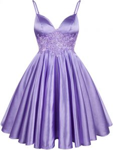 Lilac A-line Lace Bridesmaids Dress Lace Up Elastic Woven Satin Sleeveless Knee Length