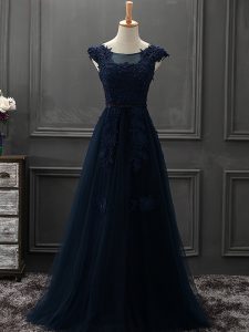 Beautiful Navy Blue Lace Up Oscars Dresses Appliques Sleeveless Floor Length