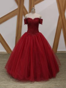Clearance Floor Length Wine Red Prom Party Dress Tulle Sleeveless Appliques