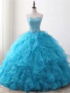 Beauteous Baby Blue Ball Gowns Beading and Ruffles Quince Ball Gowns Lace Up Organza Sleeveless Floor Length