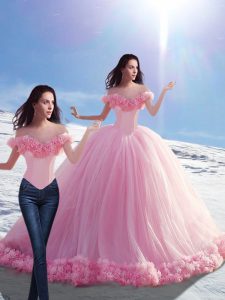 Most Popular Off The Shoulder Sleeveless Tulle Sweet 16 Dresses Hand Made Flower Brush Train Lace Up