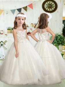 White Ball Gowns Tulle Scoop Sleeveless Lace Floor Length Zipper Flower Girl Dresses for Less