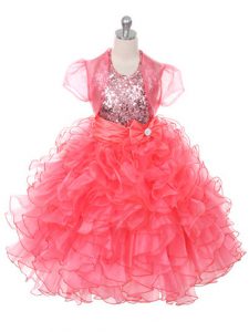 Nice Coral Red Ball Gowns Scoop Sleeveless Organza Floor Length Lace Up Ruffles and Sequins and Bowknot Kids Pageant Dre