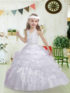 Affordable Spaghetti Straps Sleeveless Little Girl Pageant Gowns Brush Train Beading and Pick Ups White Organza
