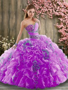 Free and Easy Sweetheart Sleeveless Organza 15 Quinceanera Dress Beading and Ruffles Brush Train Lace Up