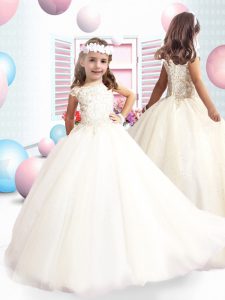 Tulle Scoop Cap Sleeves Lace Up Beading Flower Girl Dresses for Less in White