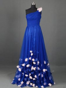 Royal Blue Empire One Shoulder Sleeveless Tulle Floor Length Side Zipper Beading and Hand Made Flower Prom Dresses
